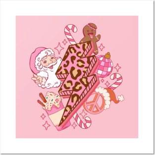 Retro Pink Christmas Santa Light Bolt Disco Ball Posters and Art